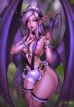  1girl absurdres areolae breasts commission demon demon_horns demon_hunter_(warcraft) demon_wings elf enia_(eniaart) eyebrows fantasy green_eyes heart heart_tail highres horns large_breasts maid piercing pointy_ears tail tattoo warcraft white_hair wings world_of_warcraft 