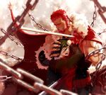  2boys absurdres beard blood blood_on_clothes cape chain chained crying facial_hair fate/zero fate_(series) fur-trimmed_cape fur_trim hand_on_another&#039;s_head highres impaled iskandar_(fate) leather male_focus mature_male multiple_boys muscular muscular_male pectorals red_cape red_hair short_hair sidepec smile upper_body waver_velvet wincalblanke 