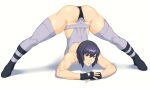  1girl absurdres ass black_footwear black_gloves bob_cut boots closed_mouth dyun fingerless_gloves full_body ghost_in_the_shell gloves grey_legwear grey_leotard hair_between_eyes highleg highleg_leotard highres inverted_bob jack-o&#039;_challenge kusanagi_motoko leotard looking_at_viewer muscular muscular_female own_hands_together purple_hair red_eyes simple_background smile solo thighhighs top-down_bottom-up white_background 