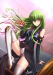  1girl adsouto arm_support bangs black_sleeves blush boots c.c. code_geass detached_sleeves eating eyebrows_visible_through_hair floating_hair food green_hair hair_between_eyes high_heel_boots high_heels highres holding holding_food long_hair long_sleeves looking_at_viewer order_of_the_black_knights_uniform pizza shiny shiny_hair short_shorts shorts signature sitting solo straight_hair thigh_boots thighhighs very_long_hair white_footwear white_shorts yellow_eyes 
