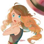  1girl blonde_hair blue_eyes blurry blush commentary_request floating_hair hand_up hat hat_removed headwear_removed high-waist_skirt kanimaru long_hair looking_at_viewer open_mouth pink_headwear pokemon pokemon_(anime) pokemon_xy_(anime) red_skirt serena_(pokemon) shirt signature skirt sleeveless sleeveless_shirt solo sweatdrop tongue twitter_username white_background 