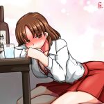  blush bottle breasts brown_eyes brown_hair chiyoda_(kancolle) cy301 drunk glasses kantai_collection kneeling large_breasts leaning_on_table looking_to_the_side medium_hair open_clothes open_shirt simple_background thighs 