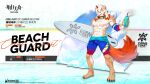  1boy abs animal_ears arknights bangs bara bare_pectorals bare_shoulders black_male_swimwear brown_fur bulge dog_boy dog_ears fluffy full_body furry furry_male goggles goggles_around_neck highres holding holding_surfboard horns hung_(arknights) jammers looking_at_viewer male_focus male_swimwear medium_hair multicolored_hair navel nipples official_style orange_eyes orange_hair pectorals single_horn sokimi_(sosojovan) solo stomach streaked_hair surfboard thighs toned toned_male two-tone_fur white_fur white_hair 