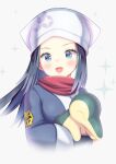  1girl :d akari_(pokemon) black_hair black_undershirt blue_eyes blush commentary cyndaquil dorai eyelashes gen_2_pokemon head_scarf highres holding holding_pokemon jacket long_hair open_mouth pokemon pokemon_(creature) pokemon_(game) pokemon_legends:_arceus red_scarf scarf sidelocks smile tongue white_headwear 