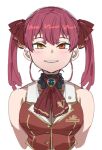  1girl bare_shoulders blush bow bow_(bhp) bowtie heterochromia hololive houshou_marine looking_at_viewer medium_hair no_eyepatch parted_lips red_bow red_eyes red_hair red_neckwear red_vest simple_background smile solo twintails upper_body vest white_background yellow_eyes 