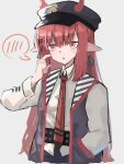  1girl :o arknights asususususu bangs black_headwear grey_background hair_between_eyes hair_ornament hairpin hand_in_pocket highres horns index_finger_raised jacket long_hair long_sleeves looking_at_viewer necktie open_mouth pointy_ears polo_shirt red_eyes red_hair red_neckwear shirt simple_background solo vigna_(arknights) white_shirt 