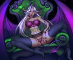  1girl absurdres bikini breasts demon demon_horns demon_hunter_(warcraft) demon_wings elf enia_(eniaart) eyebrows fantasy green_eyes heart heart_tail highres horns large_breasts piercing pointy_ears space swimsuit tail tattoo thighhighs warcraft white_hair wings world_of_warcraft 