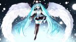  1girl :d angel_wings aqua_eyes aqua_hair bangs bare_shoulders commentary detached_sleeves eyebrows_visible_through_hair feathered_wings full_body hatsune_miku highres long_hair looking_at_viewer necktie open_mouth pentagon_(railgun_ky1206) pleated_skirt shirt skirt smile solo thighhighs twintails very_long_hair vocaloid white_shirt wide_sleeves wings zettai_ryouiki 