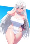  1girl anastasia_(fate) bangs bare_shoulders blue_eyes blush breasts fate/grand_order fate_(series) hair_over_one_eye highres large_breasts long_hair looking_at_viewer one-piece_swimsuit onsoku_inu silver_hair swimsuit thighs very_long_hair viy_(fate) white_swimsuit 