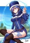  1girl adsouto bangs blue_capelet blue_dress blue_eyes blue_hair blue_headwear blurry blurry_background blush boots breasts brown_footwear capelet closed_mouth covered_navel dress eyebrows_visible_through_hair fairy_tail fur-trimmed_capelet fur-trimmed_headwear fur-trimmed_sleeves fur_trim hair_between_eyes highres juvia_lockser leg_tattoo long_hair long_sleeves looking_at_viewer medium_breasts shiny shiny_hair side_slit signature sitting smile solo tattoo thigh_boots thighhighs water 