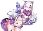  1girl animal_ears avil bangs bare_shoulders blush bow breasts brown_eyes cleavage cosplay elbow_gloves fairy_knight_lancelot_(fate) fate/grand_order fate_(series) fur-trimmed_gloves fur-trimmed_legwear fur_collar fur_trim gloves highres lace-trimmed_legwear lace_trim licking_lips long_hair looking_at_viewer mash_kyrielight_(dangerous_beast) mash_kyrielight_(dangerous_beast)_(cosplay) navel o-ring purple_gloves purple_legwear revealing_clothes sidelocks small_breasts smile solo tail thighs tongue tongue_out white_hair wolf_ears wolf_tail 