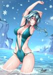  1girl adsouto aqua_swimsuit armpits arms_up ass_visible_through_thighs blue_hair blue_sky blurry blurry_background breasts casual_one-piece_swimsuit cleavage cloud collarbone day eula_(genshin_impact) floating_hair genshin_impact grey_hairband hairband highres large_breasts long_hair looking_at_viewer navel o-ring o-ring_swimsuit ocean one-piece_swimsuit outdoors revealing_clothes shiny shiny_hair shiny_skin signature sky solo standing swimsuit wading 