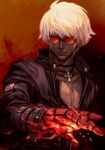  1boy black_choker black_jacket burning choker closed_mouth dark_skin facing_viewer hungry_clicker jacket k&#039;_(kof) looking_at_viewer male_focus mechanical_arms open_clothes open_jacket red-tinted_eyewear red_background short_hair solo sunglasses the_king_of_fighters the_king_of_fighters_&#039;99 tinted_eyewear upper_body white_hair 