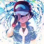  1boy ash_ketchum bangs baseball_cap black_gloves black_hair blue_jacket brown_eyes closed_mouth commentary_request fingerless_gloves gloves hand_on_headwear hand_up hat jacket kanimaru looking_at_viewer male_focus pokemon pokemon_(anime) pokemon_xy_(anime) popped_collar red_headwear shirt short_hair short_sleeves solo 