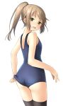  1girl :d adjusting_clothes adjusting_swimsuit ass bangs bare_arms bare_shoulders black_legwear blue_swimsuit blush brown_hair commentary_request eyebrows_visible_through_hair from_behind green_eyes high_ponytail highres long_hair looking_at_viewer looking_back old_school_swimsuit one-piece_swimsuit open_mouth original ponytail school_swimsuit shibacha sidelocks simple_background smile solo swimsuit thighhighs thighs white_background 