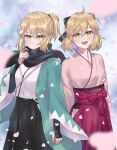  2girls arm_guards black_bow black_hakama black_scarf blonde_hair bow dual_persona fate/grand_order fate_(series) hair_bow hakama half_updo haori highres hip_vent japanese_clothes kimono multiple_girls okita_souji_(fate) okita_souji_(fate)_(all) pink_kimono ponytail red_hakama scarf shinsengumi white_kimono wide_sleeves yellow_eyes yuzu_(yuzu_ss_31019) 