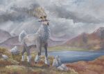  acrylic_paint_(medium) cloud cloudy_sky day full_body grass mixed-language_commentary mountain no_humans outdoors painting_(medium) pokemon pokemon_(creature) sky solo standing traditional_media typthis water wyrdeer 