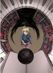  1boy absurdres amami_rantarou ball blue_shirt book bracelet circle danganronpa_(series) danganronpa_v3:_killing_harmony door feet_out_of_frame green_hair grey_pants highres jewelry library looking_up necklace pants piano_keys riyuta shadow shirt solo two-tone_shirt 