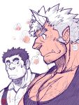  2boys bara beard black_tank_top blush breast_envy breath broken_horn bunta_ru bursting_pectorals character_request chest_hair colored_skin demon_boy facial_hair fangs forked_eyebrows from_side highres horns large_pectorals long_sideburns looking_at_another looking_down male_focus mature_male meme monster_boy multiple_boys muscle_envy muscular muscular_male oni_horns orgus_(f-kare) pectoral_cleavage pectoral_envy_(meme) pectoral_focus pectorals pout red_skin scar scar_on_chest scar_on_face scar_on_nose short_hair shoukan_yuusha_to_f-kei_kareshi sideburns sketch stubble sweat tank_top thick_eyebrows unfinished upper_body yaoi 