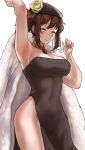  1girl armpits black_dress blush breasts brown_hair cape cleavage closed_eyes closed_mouth collar cromanyong dress flower fur-trimmed_cape fur_trim guardian_tales hand_up hat highres innkeeper_loraine medium_breasts ponytail ruby_(gemstone) short_hair sleeveless sleeveless_dress thighs white_background white_flower 
