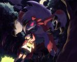  1girl bangs brown_hair cape cloud commentary crescent_moon drooling forest gen_7_pokemon glowing glowing_eyes grass green_shorts highres holding holding_lantern hood hood_up hooded_cape lantern lycanroc lycanroc_(midnight) moon nature night outdoors pokemon pokemon_(creature) pokemon_(game) pokemon_sm red_cape saliva selene_(pokemon) sharp_teeth sheery_sbox shirt short_hair shorts sky standing teeth tree white_shirt 