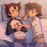  2boys ash_ketchum bangs blue_eyes blush brown_hair closed_mouth commentary english_commentary goh_(pokemon) hair_between_eyes highres lying male_focus multiple_boys on_back on_side own_hands_together pillow pokemon pokemon_(anime) pokemon_swsh_(anime) raglan_sleeves shirt short_hair short_sleeves smile t-shirt tama!_(lazyturtle) white_shirt 