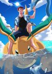  1boy absurdres barefoot black_shirt blue_shirt blue_shorts blue_sky cloud collarbone dragonair dragonite dratini full_body gen_1_pokemon grin highres huge_filesize lance_(pokemon) male_focus matsukaze_mattya ocean open_clothes open_shirt pokemon pokemon_(creature) pokemon_(game) pokemon_frlg print_shirt red_hair riding shirt short_hair short_sleeves shorts sky smile sunlight 