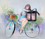  1girl absurdres artist_name basket bicycle bicycle_basket black_hair blue_eyes blue_skirt dadachyo flower gift ground_vehicle highres long_hair long_sleeves original oversized_object photoshop_(medium) pink_flower pink_rose rose shoes sitting skirt solo 