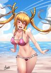  1girl :d adsouto bangs barefoot bikini blonde_hair blue_sky breasts breathing_fire cleavage cloud collarbone covered_nipples day eyebrows_visible_through_hair fire floating_hair frilled_bikini frills groin hair_between_eyes highres horns kobayashi-san_chi_no_maidragon large_breasts long_hair lowleg lowleg_bikini maid_headdress navel ocean open_mouth outdoors pink_bikini red_eyes shiny shiny_hair shiny_skin sideboob signature sky slit_pupils smile solo standing standing_on_one_leg striped swimsuit thigh_gap tohru_(maidragon) twintails vertical-striped_bikini vertical_stripes very_long_hair 