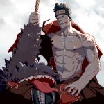  1boy abs absurdres akatsuki_(naruto) bare_pectorals blue_hair fins fish_boy forehead_protector grin hadanugi_dousa highres holding holding_sword holding_weapon hoshigaki_kisame jewelry male_focus muscular muscular_male naruto naruto_(series) navel nipples pectorals ring samehada_(naruto) sharp_teeth short_hair sitting smile snowing solo spiked_hair stomach sword teeth tongue tongue_out weapon wincalblanke 