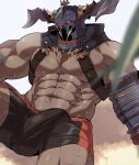  1boy abs absurdres bara bare_shoulders black_male_swimwear bulge chest_harness dark-skinned_male dark_skin draph erection erection_under_clothes fake_horns glowing glowing_eyes granblue_fantasy harness helmet highres horned_helmet horns large_pectorals looking_at_viewer male_focus male_swimwear muri_(43848994) muscular muscular_male navel pectoral_cleavage pectorals presenting red_eyes red_male_swimwear sidepec solo spread_legs stomach sweat swim_briefs thick_thighs thighs vaseraga 
