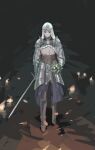  1girl armor candle dark_souls_(series) dark_souls_iii flower headpiece highres looking_at_viewer serious sirris_of_the_sunless_realms solo_focus sword weapon white_flower 