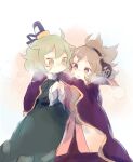  2girls ashiyu_(ashu-ashu) blush brown_hair cape closed_mouth earmuffs eyebrows_visible_through_hair ghost_tail green_eyes green_hair hair_between_eyes hat long_sleeves multiple_girls ofuda ofuda_on_clothes open_mouth pointy_hair shared_cape short_hair soga_no_tojiko steam tate_eboshi touhou toyosatomimi_no_miko 