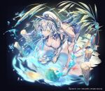  1girl barefoot bikini black_background blush breasts closed_mouth food fruit hat hero_cantare large_breasts leaning_forward long_hair looking_at_viewer official_art sailor_hat sandals short_shorts shorts solo splashing swimsuit the_god_of_high_school thick_thighs thighs water watermelon wet wet_hair white_hair yagaaaa yellow_eyes yu_mira 