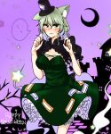  1girl alternate_costume alternate_headwear animal_ear_fluff animal_ears blush breasts cat_ears cleavage crescent_moon embarrassed eyebrows_visible_through_hair fingernails ghost_tail green_eyes green_hair hair_between_eyes halloween_costume hat highres kemonomimi_mode large_breasts moon ofuda ofuda_on_clothes open_mouth paw_pose puffy_short_sleeves puffy_sleeves short_hair short_sleeves soga_no_tojiko sparkle touhou usagiman10 