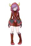  1girl :d asatsuki_(fgfff) bangs boots brown_dress closed_eyes commentary_request courtney_(pokemon) dress eyelashes fake_horns full_body gloves highres hood hood_up horns knees open_mouth pigeon-toed pokemon pokemon_(game) pokemon_oras purple_hair red_footwear red_gloves shiny shiny_skin short_hair smile solo standing sweater sweater_dress team_magma team_magma_uniform tongue transparent_background turtleneck_dress uniform 