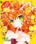  1girl apple bare_shoulders breasts bubble closed_mouth curly_hair drinking_straw finger_to_mouth flower food food_on_head fruit fruit_on_head grapes green_eyes hair_flower hair_fruit hair_ornament highres leaf leaf_hair_ornament lemon lemon_slice light_blush looking_at_viewer medium_breasts medium_hair object_on_head orange_(fruit) orange_hair orange_slice original plant solo strawberry upper_body vines watariganikun yellow_background 
