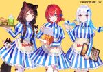  3girls ange_katrina animal_ears apron bangs blue_eyes blue_hair box braid brown_hair chicken_(food) colored_inner_hair cosplay dog_ears dog_girl dress feather_hair_ornament feathers food french_fries fuzichoco hair_ornament heterochromia holding holding_box holding_tray inui_toko lize_helesta long_hair multicolored_hair multiple_girls nijisanji official_art one_eye_closed purple_eyes red_eyes sebastian_piyodore short_hair silver_hair skirt smile striped striped_dress tray twin_braids vertical-striped_skirt vertical_stripes virtual_youtuber wendy&#039;s wendy_(wendy&#039;s) wendy_(wendy&#039;s)_(cosplay) yellow_background yellow_eyes 