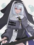  1girl arknights asususususu bangs black_nails grey_background grin hair_between_eyes highres holding_chainsaw long_hair long_sleeves nail_polish nun open_mouth red_eyes rosary simple_background smile solo specter_(arknights) teeth white_hair 