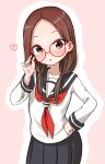  1girl absurdres bangs bespectacled black_sailor_collar black_skirt blush brown_eyes brown_hair commentary forehead glasses hair_ornament hair_over_shoulder hairclip hand_on_hip hand_up heart highres karakai_jouzu_no_takagi-san long_hair long_sleeves looking_at_viewer low_twintails neckerchief note2000 outline parted_bangs parted_lips pink_background pleated_skirt red-framed_eyewear red_neckwear round_eyewear sailor_collar shirt skirt solo takagi-san twintails white_outline white_shirt 
