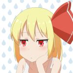  1girl bangs bare_shoulders blonde_hair blue_background blush cato_(monocatienus) dropping eyebrows_visible_through_hair hair_between_eyes hair_ribbon hand_on_own_face hand_up highres looking_to_the_side open_mouth red_eyes red_ribbon ribbon rumia shirt short_hair sitting sleeveless solo t-shirt touhou upper_body white_background white_shirt 