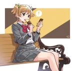  ! 1girl bangs bench blush bow bowtie brown_background buttons cellphone collared_shirt commentary_request daiba_nana dress_shirt eating eyebrows_visible_through_hair feet_out_of_frame fingernails food green_eyes green_ribbon grey_jacket grey_skirt hair_ribbon hands_up holding holding_food holding_phone itooooofu8282 jacket light_brown_hair long_sleeves looking_at_phone miniskirt multicolored multicolored_background open_clothes open_jacket open_mouth park_bench phone pleated_skirt popsicle rectangle red_bow red_neckwear ribbon school_uniform seishou_music_academy_uniform shadow shiny shiny_hair shirt shirt_tucked_in short_hair short_twintails shoujo_kageki_revue_starlight sitting skirt smartphone solo speech_bubble spoken_exclamation_mark twintails upper_teeth white_background white_shirt yellow_background 
