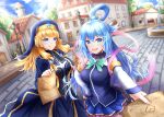  2girls absurdres aqua_(konosuba) bag bare_shoulders blonde_hair blue_eyes blue_hair blue_legwear blue_skirt bow breasts cecily_(konosuba) city detached_sleeves green_bow hair_ornament hair_rings highres kono_subarashii_sekai_ni_shukufuku_wo! looking_at_viewer multiple_girls nun open_mouth paper skirt smile tongue tongue_out white_sleeves yang1413 