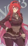  1girl belt black_gloves black_legwear breasts character_name evo_3_(girls&#039;_frontline) girls&#039;_frontline glasses gloves hairband highres long_hair looking_at_viewer murata_tefu open_mouth pantyhose red_hair simple_background skirt smile solo very_long_hair 