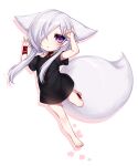  1girl aika_(konshin) animal_ears chibi fox_ears fox_shadow_puppet fox_tail hair_over_one_eye kitsune konshin original purple_eyes short_hair_with_long_locks solo tail white_background 