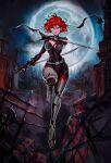  1990s_(style) 1girl arm_blade armored_boots black_bodysuit black_gloves bloodrayne bloodrayne_(videogame) bodysuit boots breasts cleavage curvy david_liu dual_wielding english_commentary full_body full_moon gloves graveyard headband highres holding knee_pads large_breasts moon night official_art pale_skin red_eyes red_hair red_lips retro_artstyle short_hair solo vampire weapon wide_hips 