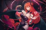  absurdres breasts chain cleavage demon_girl demon_wings dress erze_(king&#039;s_raid) hand_on_own_chest heart highres king&#039;s_raid large_breasts looking_at_viewer navel red_eyes red_hair seductive_smile see-through shinyu_xingyu side_cutout side_slit single_thighhigh smile thighhighs wings 