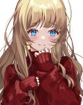  1girl :3 bangs blue_eyes blush brown_hair closed_mouth commentary_request eyebrows_visible_through_hair fujishiro_kokoa highres long_hair long_sleeves looking_at_viewer original red_sweater simple_background sleeves_past_wrists smile solo sweater upper_body white_background 