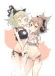  2girls alternate_costume ashiyu_(ashu-ashu) blush breast_conscious breasts brown_hair cat_cutout cat_hair_ornament cat_lingerie cleavage cleavage_cutout clothing_cutout earmuffs eyebrows_visible_through_hair fang ghost_tail green_eyes green_hair hair_between_eyes hair_ornament hand_on_own_chest hat highres large_breasts lingerie meme_attire multiple_girls navel open_mouth pointy_hair pout short_hair soga_no_tojiko tate_eboshi touhou toyosatomimi_no_miko underwear 