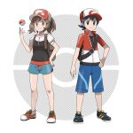  1boy 1girl asatsuki_(fgfff) bangs baseball_cap black_footwear black_hair black_shirt blue_shorts brown_eyes brown_hair chase_(pokemon) closed_mouth collarbone commentary_request elaine_(pokemon) eyelashes hand_on_hip hand_up hat highres jacket knees looking_at_viewer no_socks official_style poke_ball poke_ball_(basic) pokemon pokemon_(game) pokemon_lgpe red_headwear shirt shoes short_sleeves shorts smile sneakers split_mouth standing 